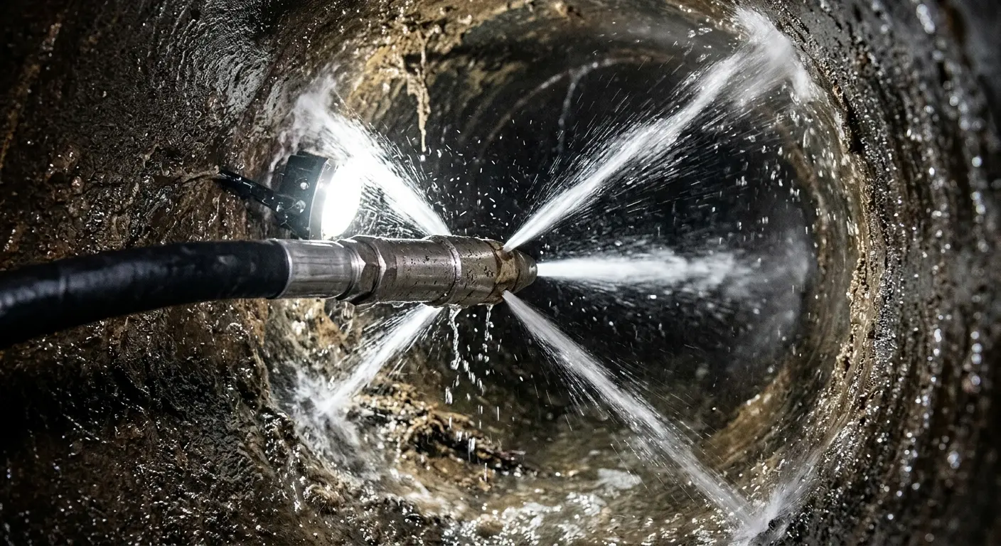 High-pressure hydro jetting nozzle cleaning sewer pipe for Sewer Cleanout in Kingsville