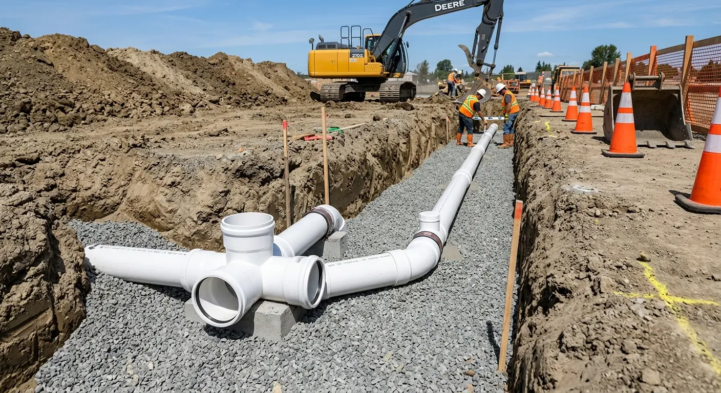 New PVC sewer pipe installation in open trench for Sewer Backup in Kingsville