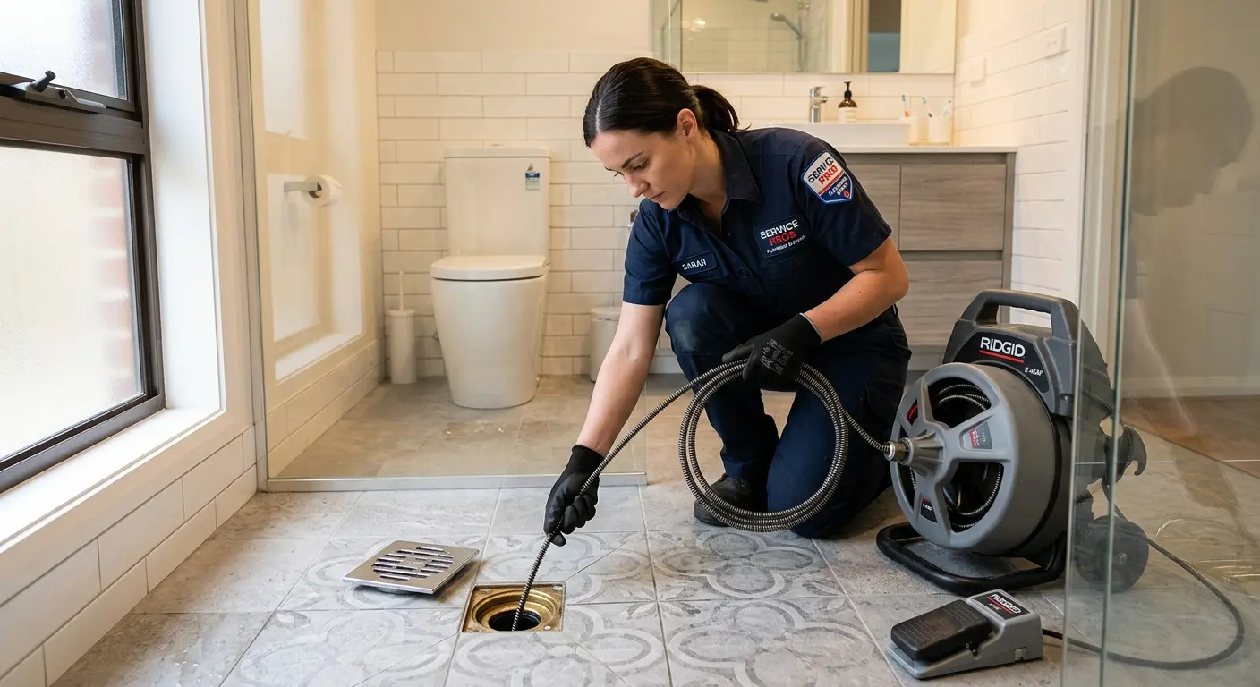 Technician clearing a bathroom floor drain for Drain Cleaning in Kingsville